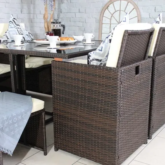 8-Seater Cube Set with Glass Table - Brown Rattan