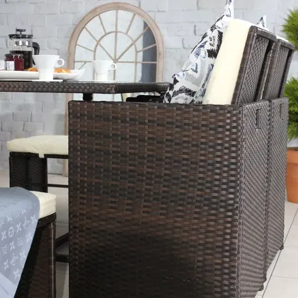 8-Seater Cube Set with Glass Table - Brown Rattan