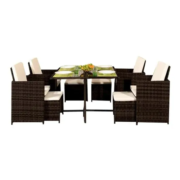 8-Seater Cube Set with Glass Table - Brown Rattan