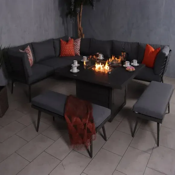 8-Seater Lounge Set with Firepit - Grey, Aluminium