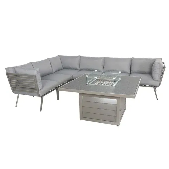 8-Seater Lounge Set with Firepit - Grey, Aluminium