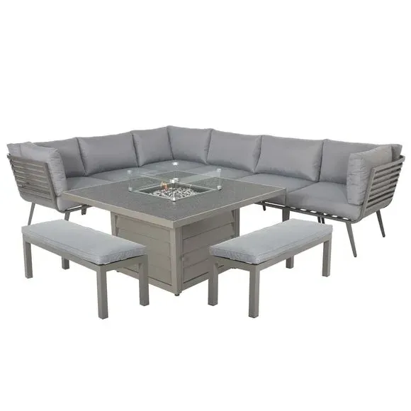 8-Seater Lounge Set with Firepit - Grey, Aluminium