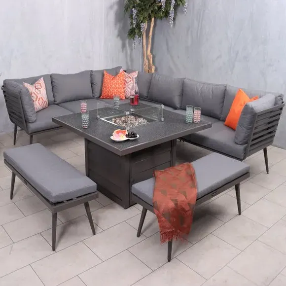 8-Seater Lounge Set with Firepit - Grey, Aluminium image