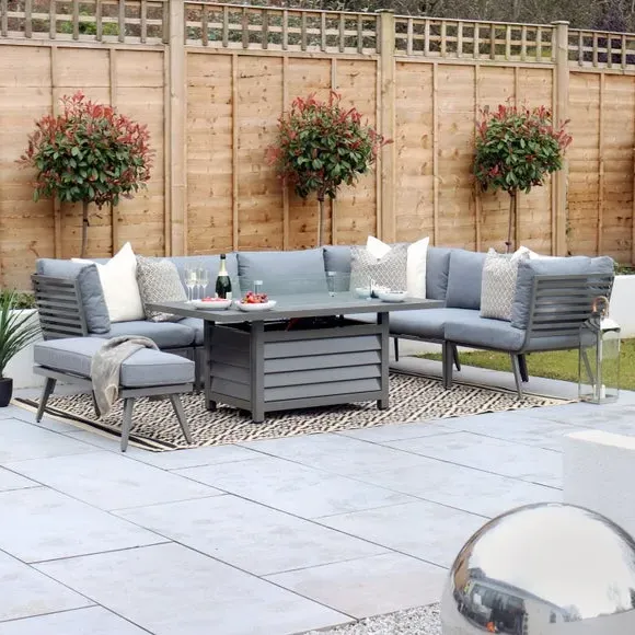 8-Seater Lounge Set with Firepit - Grey, Aluminium