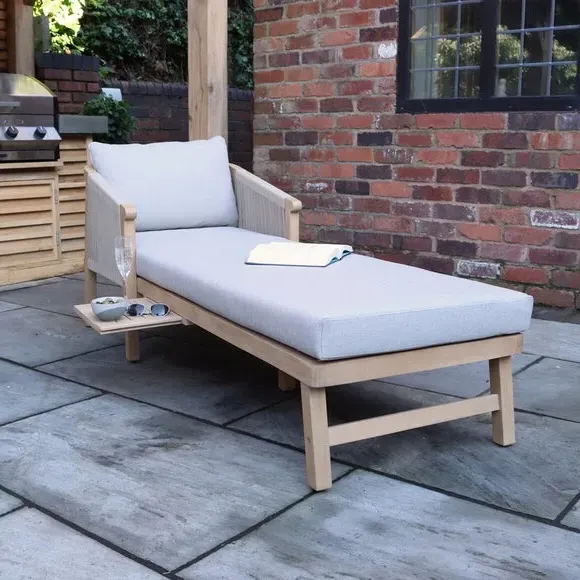 Sunlounger with Pull Out Table - Light Wood