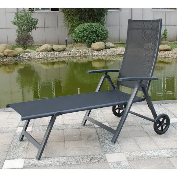 Wheeled Sun Lounger with Adjustable Back - Black