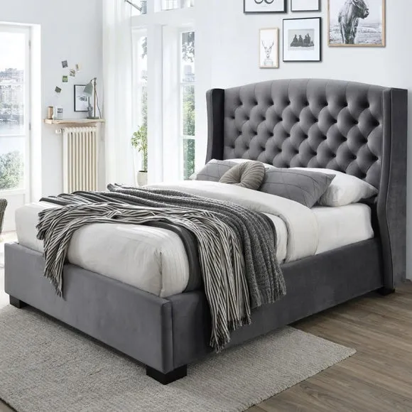 Tufted Wing Bed Frame - Charcoal, Velvet image