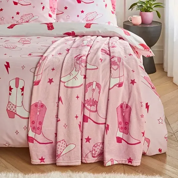 Cowgirl Boot Fleece Throw Blanket - Pink, Polyester
