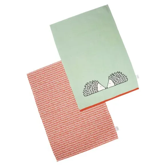 Set of 2 Tea Towels Hedgehog Print - Green, Cotton
