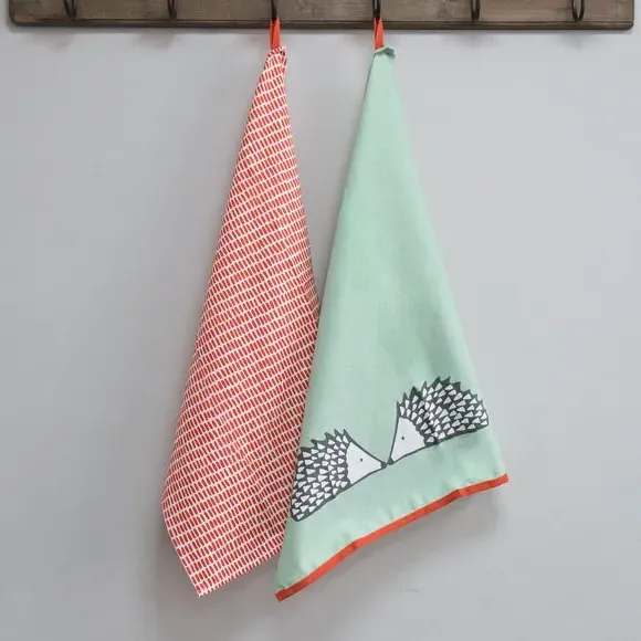 Set of 2 Tea Towels Hedgehog Print - Green, Cotton image