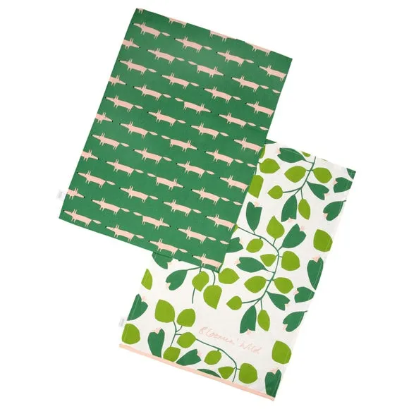 Set of 2 Tea Towels with Fox Design - Green