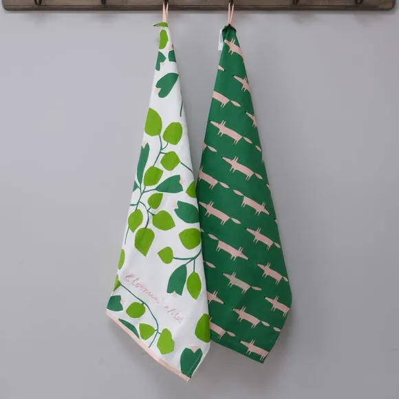 Set of 2 Tea Towels with Fox Design - Green