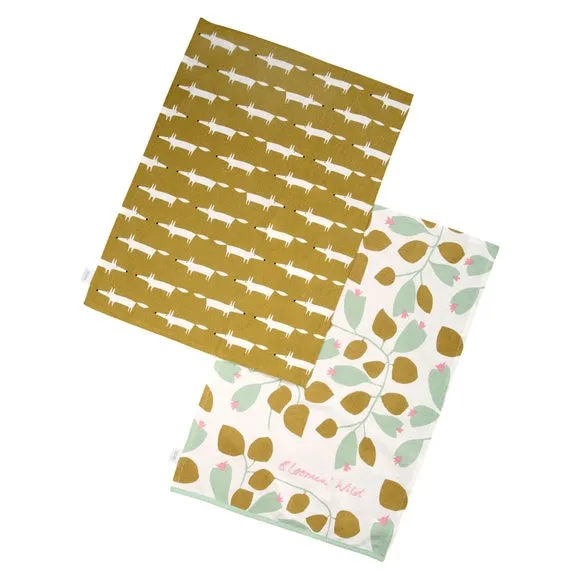 Set of 2 Tea Towels with Fox Design - Yellow
