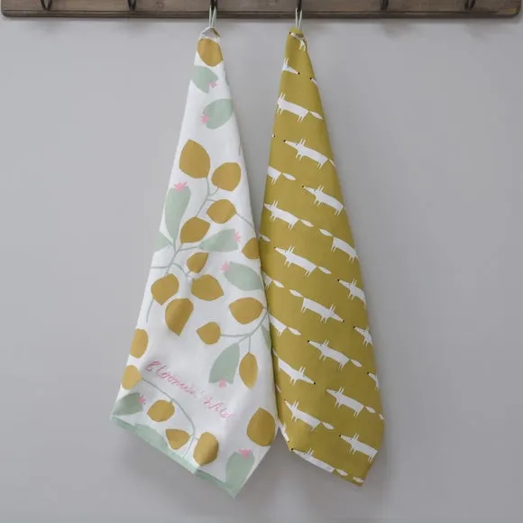 Set of 2 Tea Towels with Fox Design - Yellow