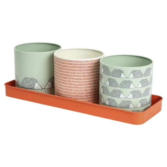 Set of 3 Herb Pots with Drip Tray - Green, Steel