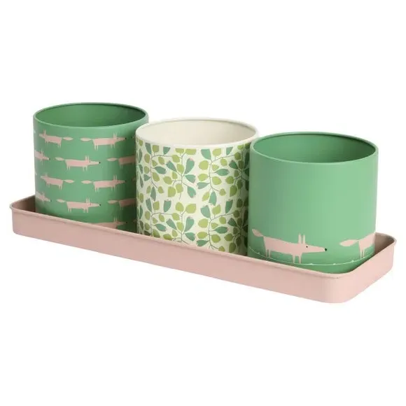 Set of 3 Herb Pots with Tray - Green, Steel image