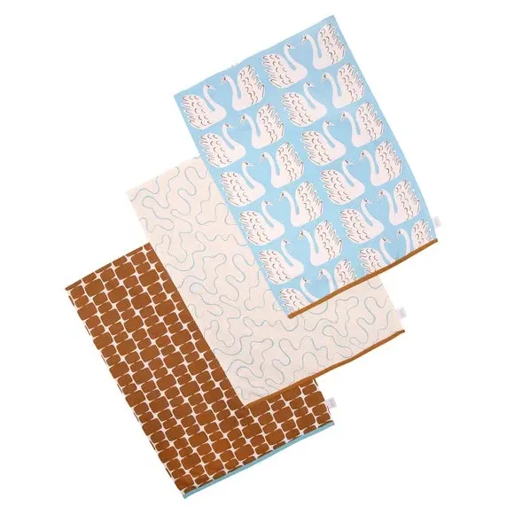 Set of 3 Tea Towels with Swan Design - Blue, Cotton