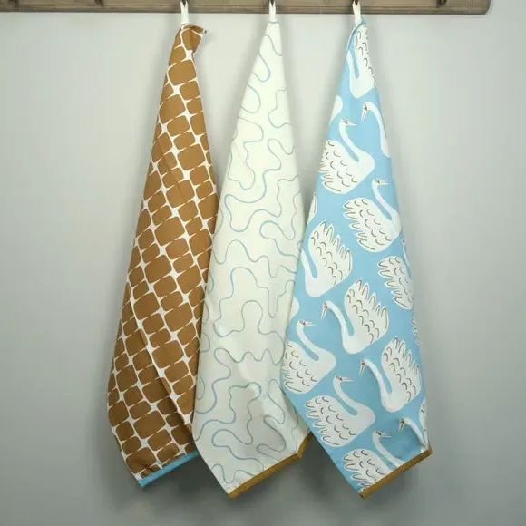 Set of 3 Tea Towels with Swan Design - Blue, Cotton image