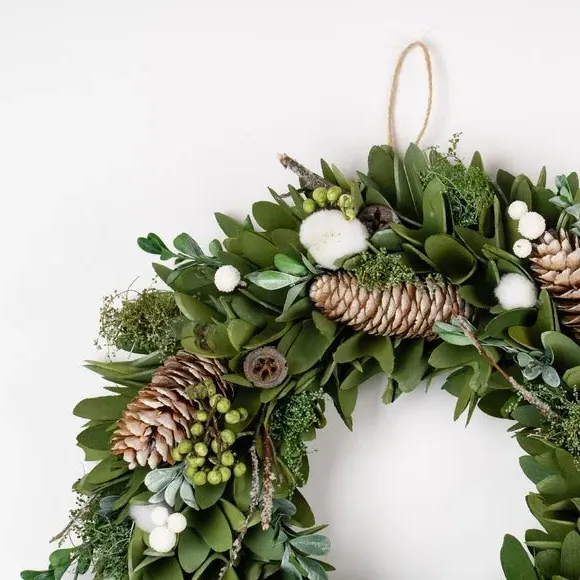 38cm Wood Shave Wreath with Cotton Balls - Green
