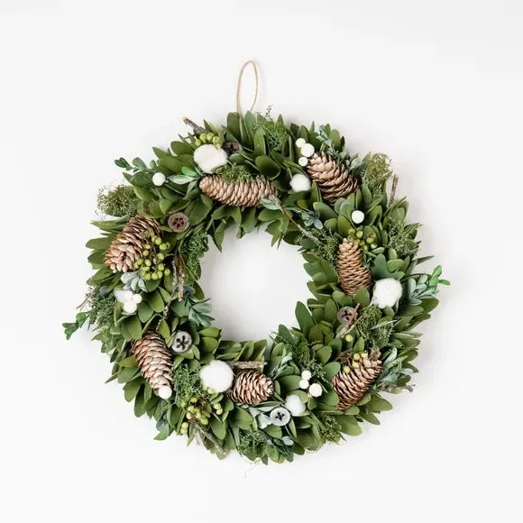 38cm Wood Shave Wreath with Cotton Balls - Green