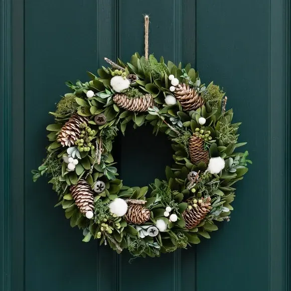 38cm Wood Shave Wreath with Cotton Balls - Green image