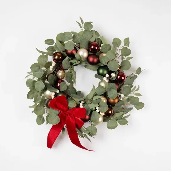 40cm Eucalyptus Wreath with Baubles - Bronze