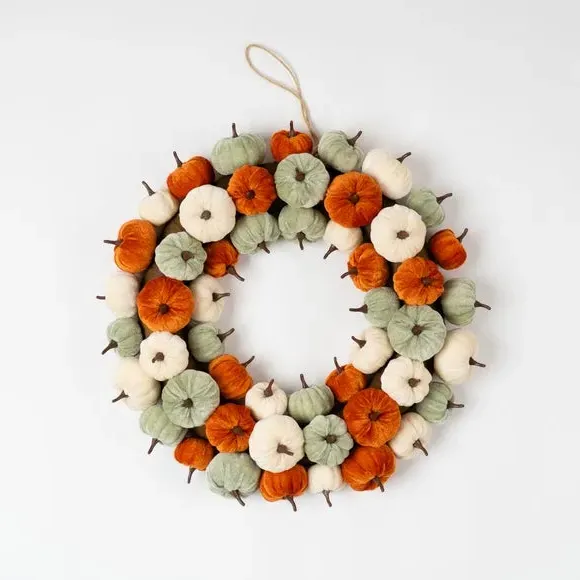 43cm Pumpkin Wreath - Orange, Velvet