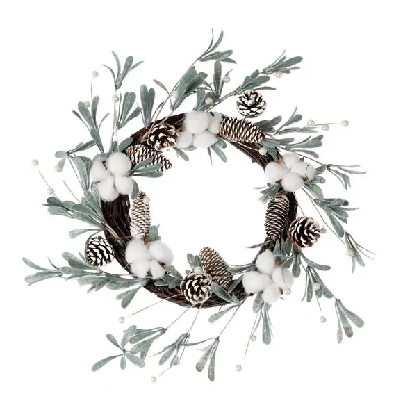 45cm Artificial Wreath with Cotton Balls - Green