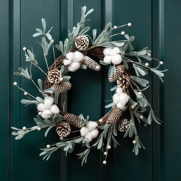 45cm Artificial Wreath with Cotton Balls - Green image