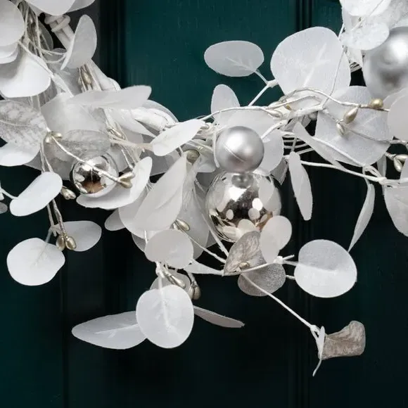 45cm Eucalyptus Wreath with Baubles - White