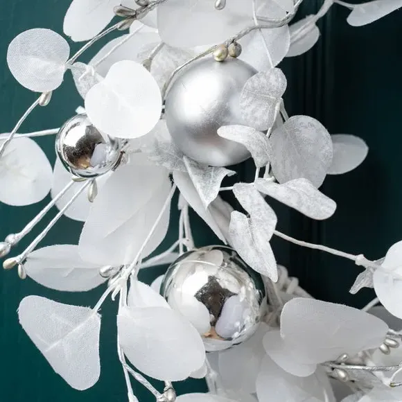 45cm Eucalyptus Wreath with Baubles - White