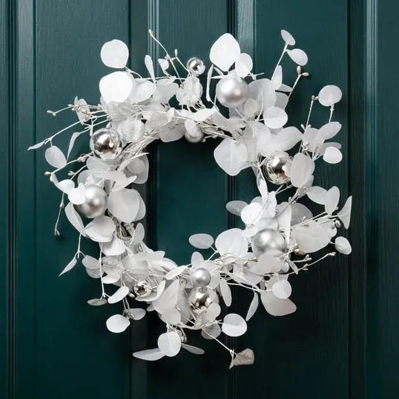 45cm Eucalyptus Wreath with Baubles - White