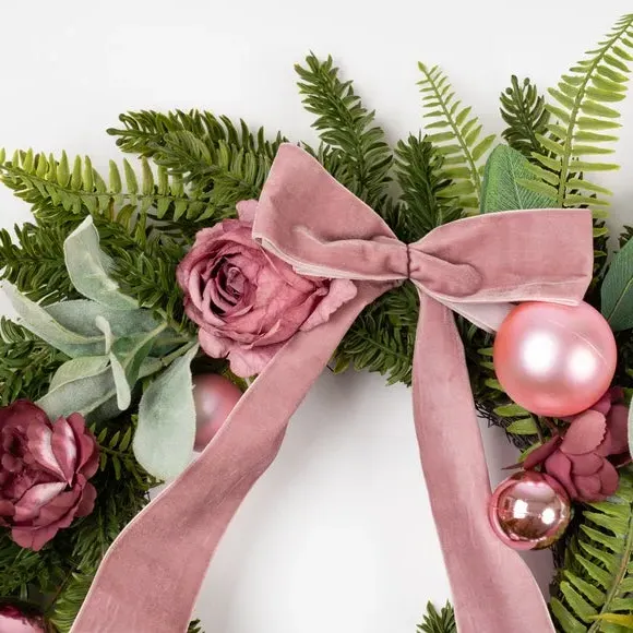 50cm Artificial Rose Wreath - Pink, Velvet Bow