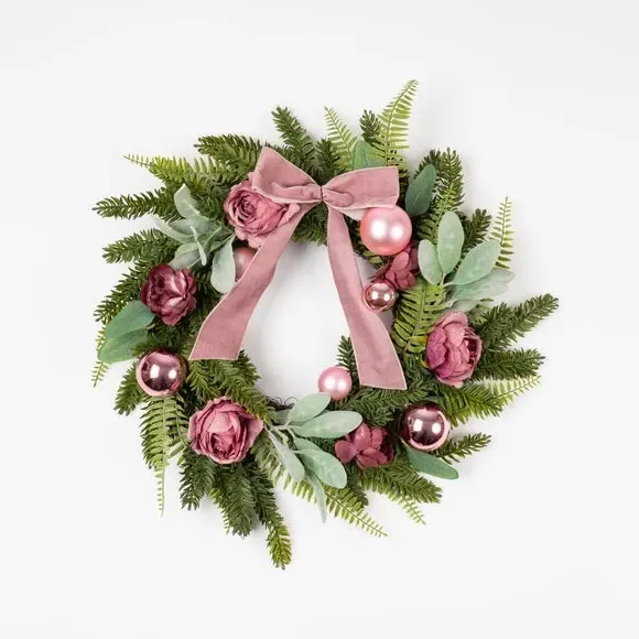50cm Artificial Rose Wreath - Pink, Velvet Bow