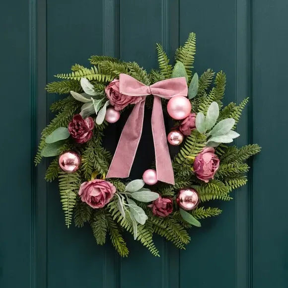 50cm Artificial Rose Wreath - Pink, Velvet Bow image