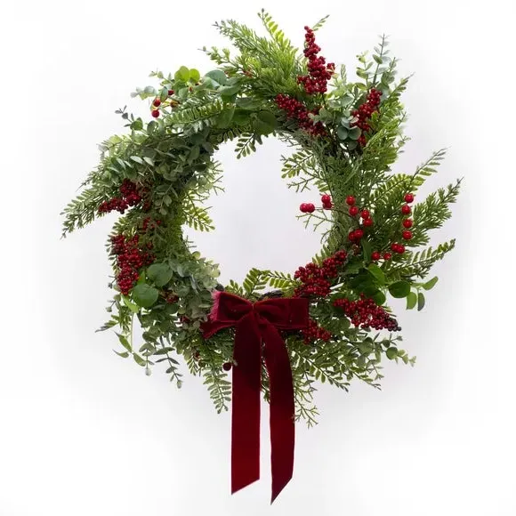 55cm Artificial Wreath with Red Bow - Green