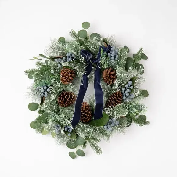 60cm Artificial Wreath with Pinecones - Navy Bow