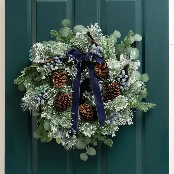 60cm Artificial Wreath with Pinecones - Navy Bow image