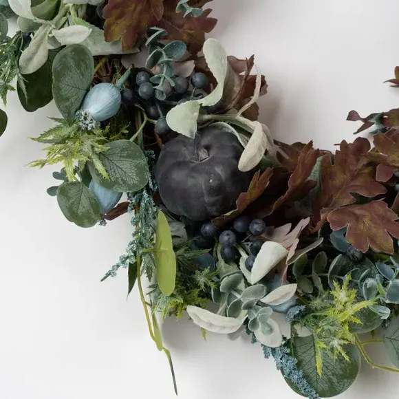 60cm Pumpkin Wreath with Foliage - Teal, Artificial