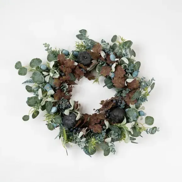 60cm Pumpkin Wreath with Foliage - Teal, Artificial