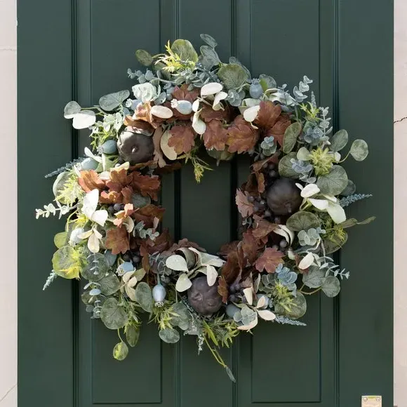 60cm Pumpkin Wreath with Foliage - Teal, Artificial image