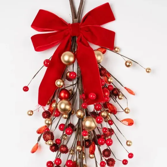 Artificial Bauble & Berry Swag - Red, Velvet