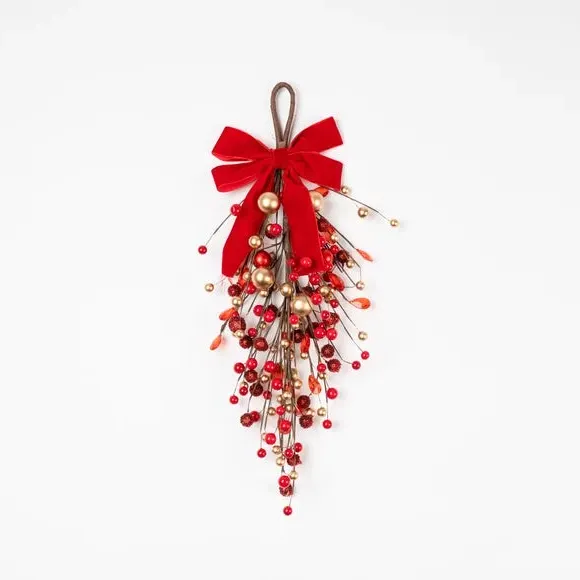 Artificial Bauble & Berry Swag - Red, Velvet
