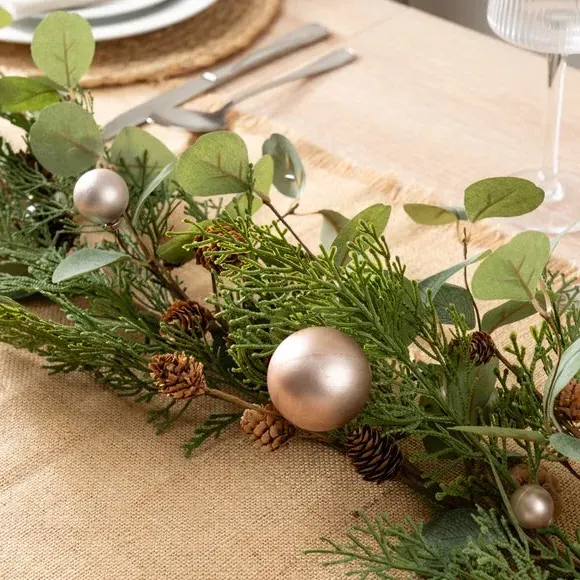Artificial Eucalyptus Garland with Baubles - Green
