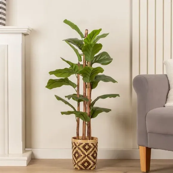 Artificial Fiddle Leaf Fig - Green, Bamboo Pot image