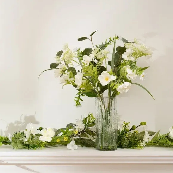 Artificial Floral Bouquet with Vase - White image