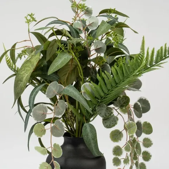 Artificial Mixed Leaves Bouquet - Green, Black Vase