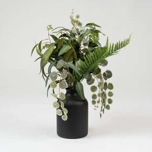 Artificial Mixed Leaves Bouquet - Green, Black Vase