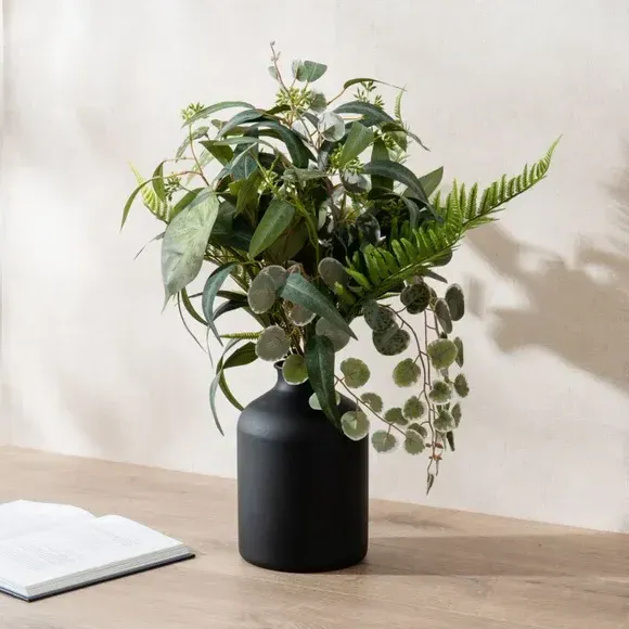 Artificial Mixed Leaves Bouquet - Green, Black Vase image