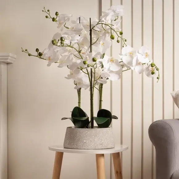 Artificial Orchid Plant - White, Terrazzo Pot